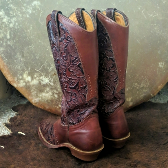 BOULET #2069 hand tooled brown leather square toe cowgirl western boots sz 7 EUC - Picture 3 of 16